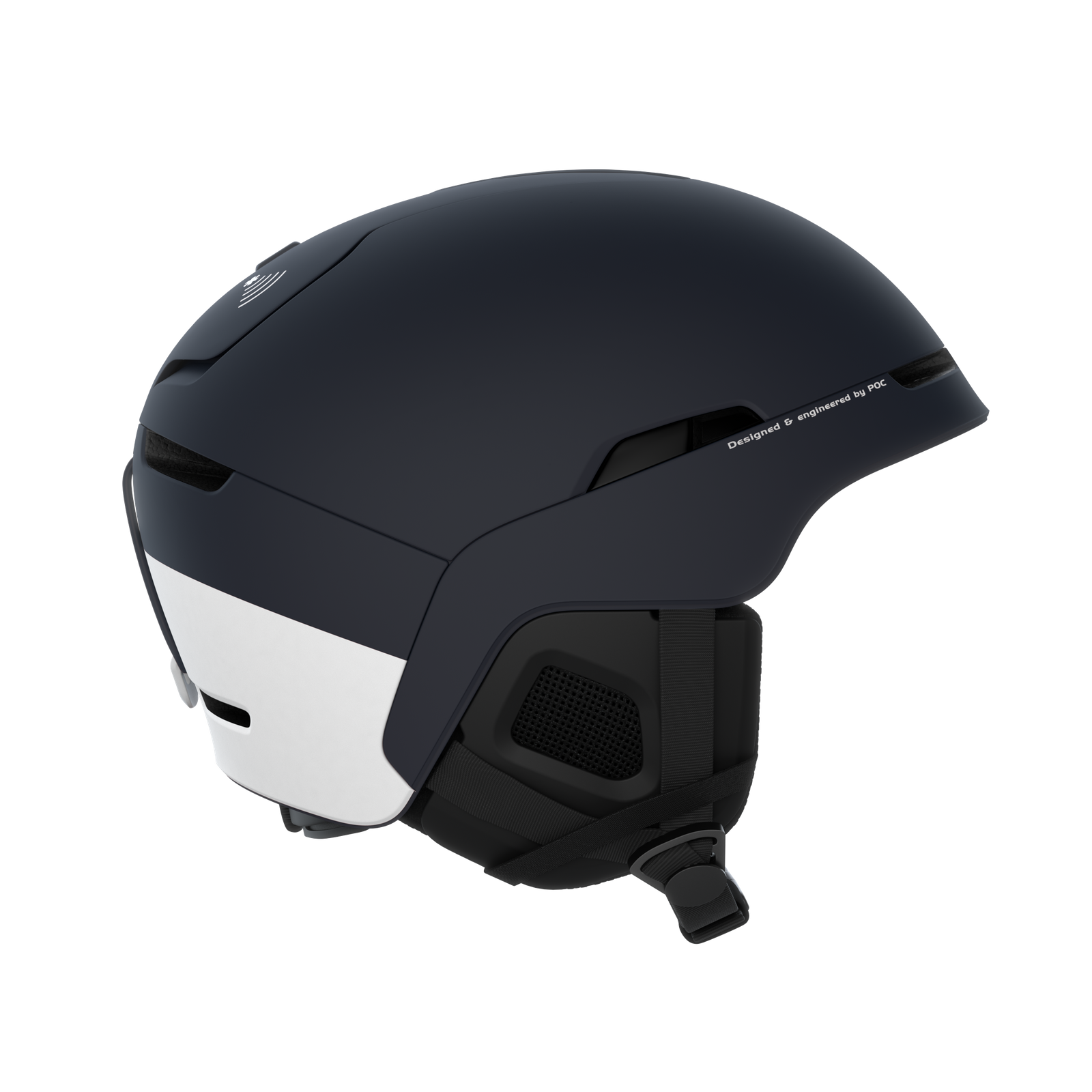 Matt marinefarbener POC Obex BC MIPS Helm von der Seite. Weißer Akzent hinten, schwarze Ohrpolster und Riemen sichtbar.
