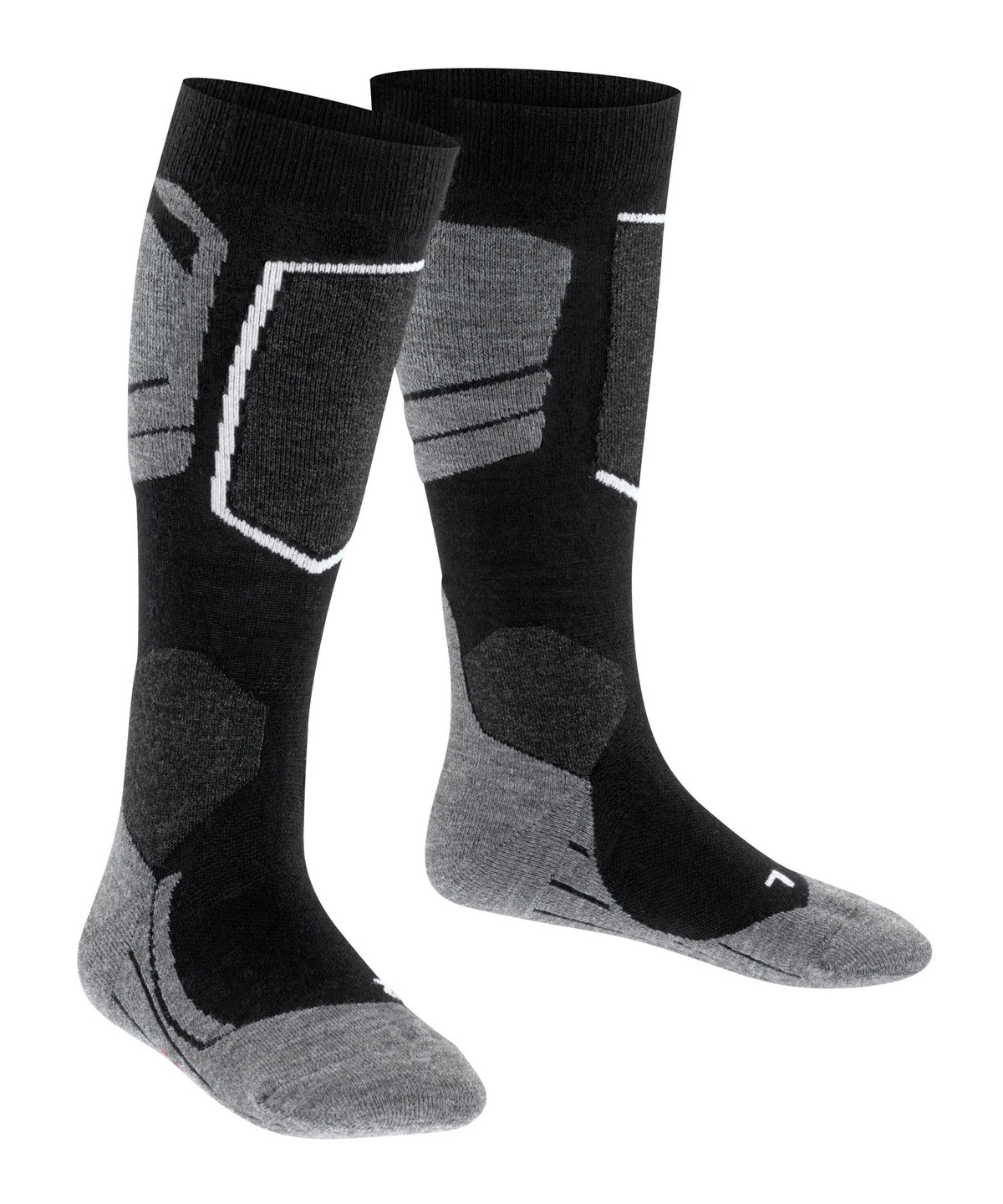 Schwarz-graue kniehohe Socken mit ausgeprägten Verstärkungszonen. Zehen, Fersen und Teile der Sohle sind grau, ebenso ergonomische Bereiche an Schienbein und Wade. Weiße Linien betonen Polsterung/Kompression.