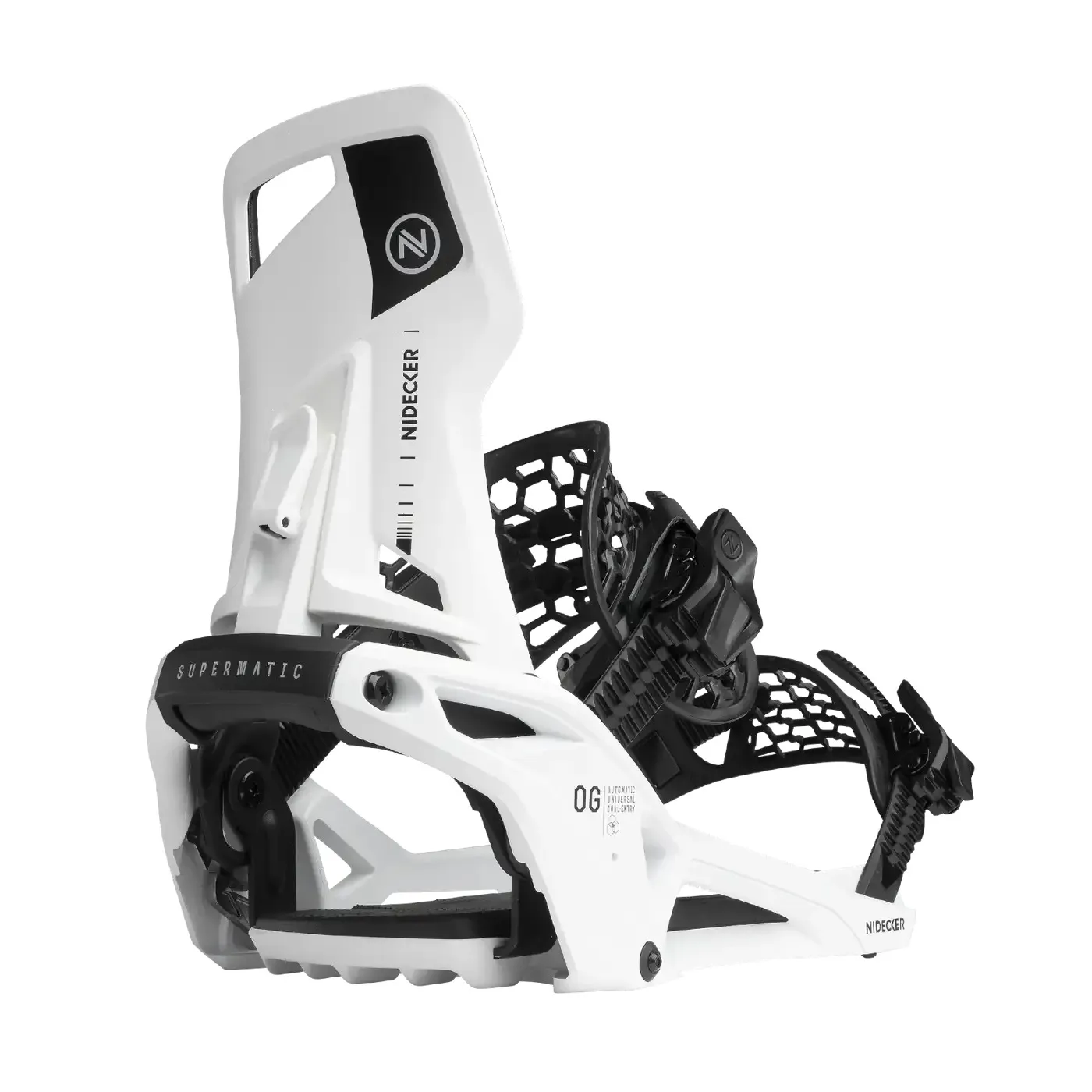 Close-up of a snowboard binding of the brand Nidecker, model Supermatic, in white and black.