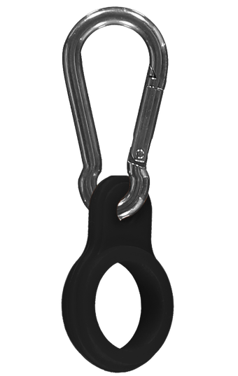 Silberfarbener Karabiner mit schwarzer Gummihalterung für Chilly's Flaschen.