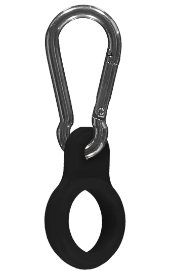 Silberfarbener Karabiner mit schwarzer Gummihalterung für Chilly's Flaschen.