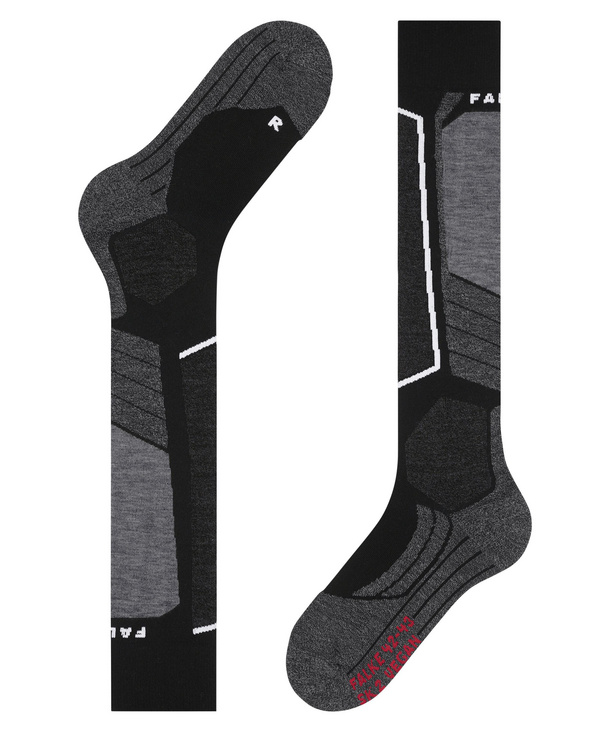 Zwei lange Sportsocken in Anthrazit/Schwarz mit grauen Akzenten und weißen Linien. Linke Socke seitlich, rechte aufrecht mit Sohle und rotem FALKE-Logo. Anatomische Form, Verstärkungen, oben "FALKE".