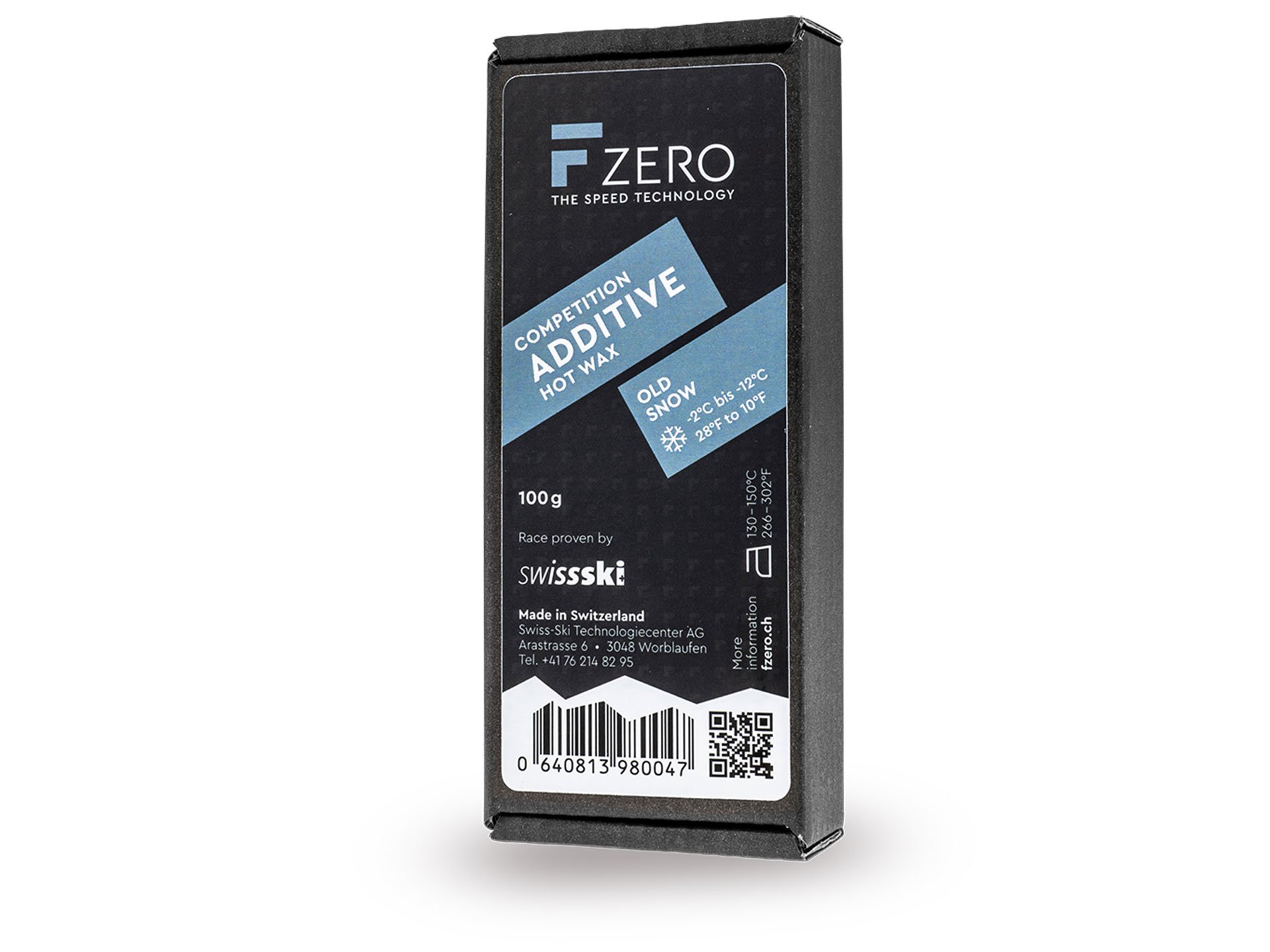 Verpackung des FZERO Hot Wax Additive Old Snow, grauer Block für Ski- und Snowboardwachs.