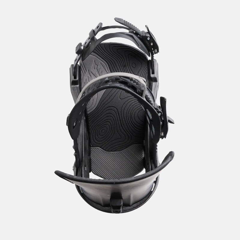 Jones Apollo Pro snowboard binding Black Jones Apollo Pro snowboard binding, photographed from above, showing details such as straps and footbed.