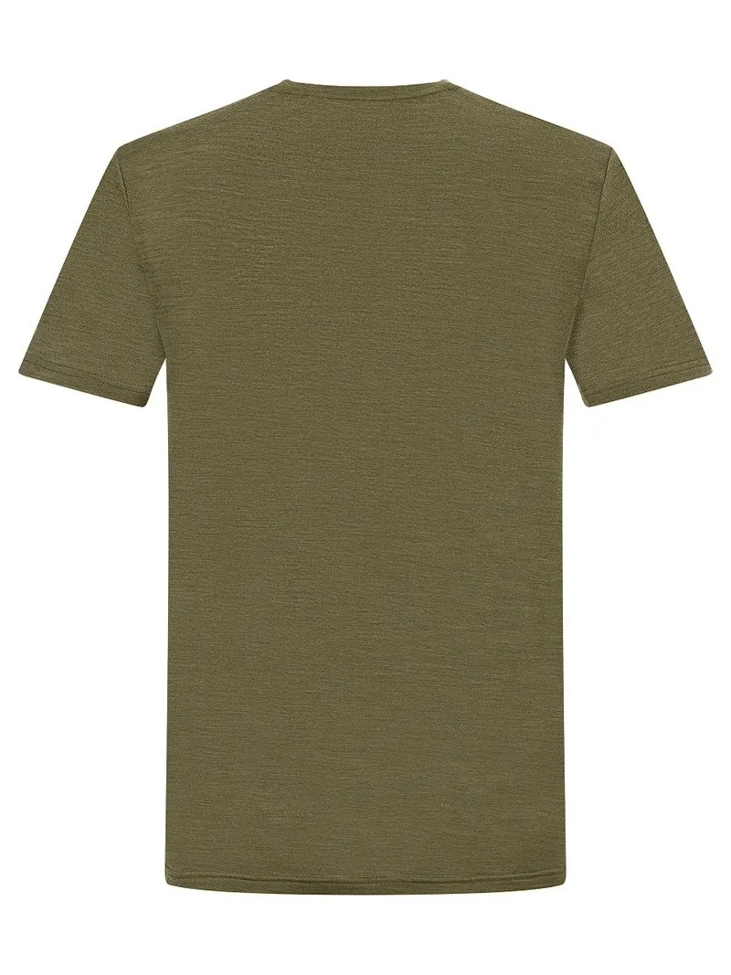 T-shirt da uomo color oliva, camicia da trekking, vista sul retro, materiale misto merino, maniche corte.