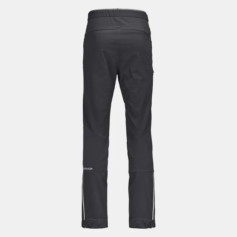 Black Ortovox COL BECCHEI pants for men, back view, with white logo and stripes on the leg.