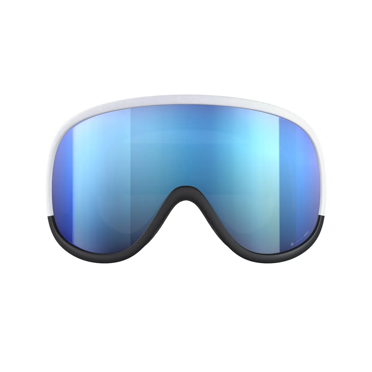 Vista frontale delle maschere da sci POC Retina Race WF con lente Clarity blu specchiata e montatura bianca.