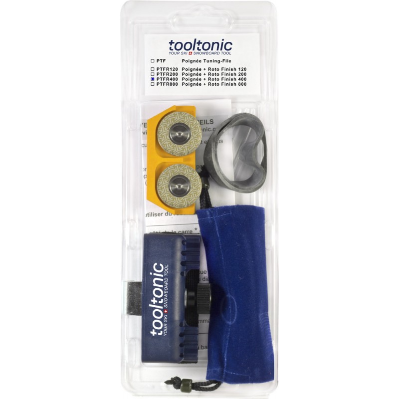 Verpacktes Tooltonic Roto Finish Set RF400 mit Schleifscheiben, Halter, Gummiband und Aufbewahrungsbeutel.