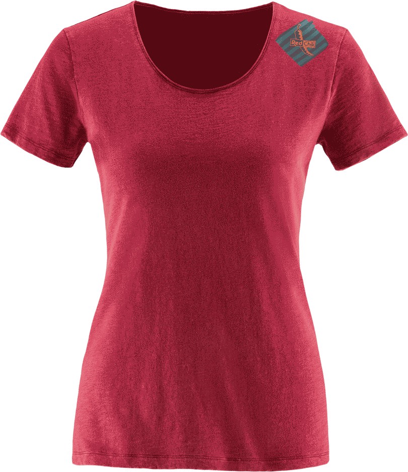 Rotes NOE 17 Damen T-Shirt mit Rundhalsausschnitt, Frontansicht. Aufgedrucktes Logo oben rechts.