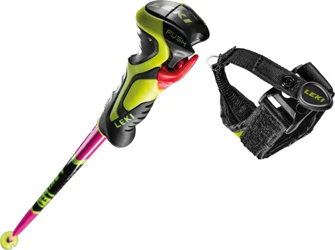 Leki Bâton de ski WCR TBS SL 3D avec poignée jaune et noire, tige rose et dragonne noire.