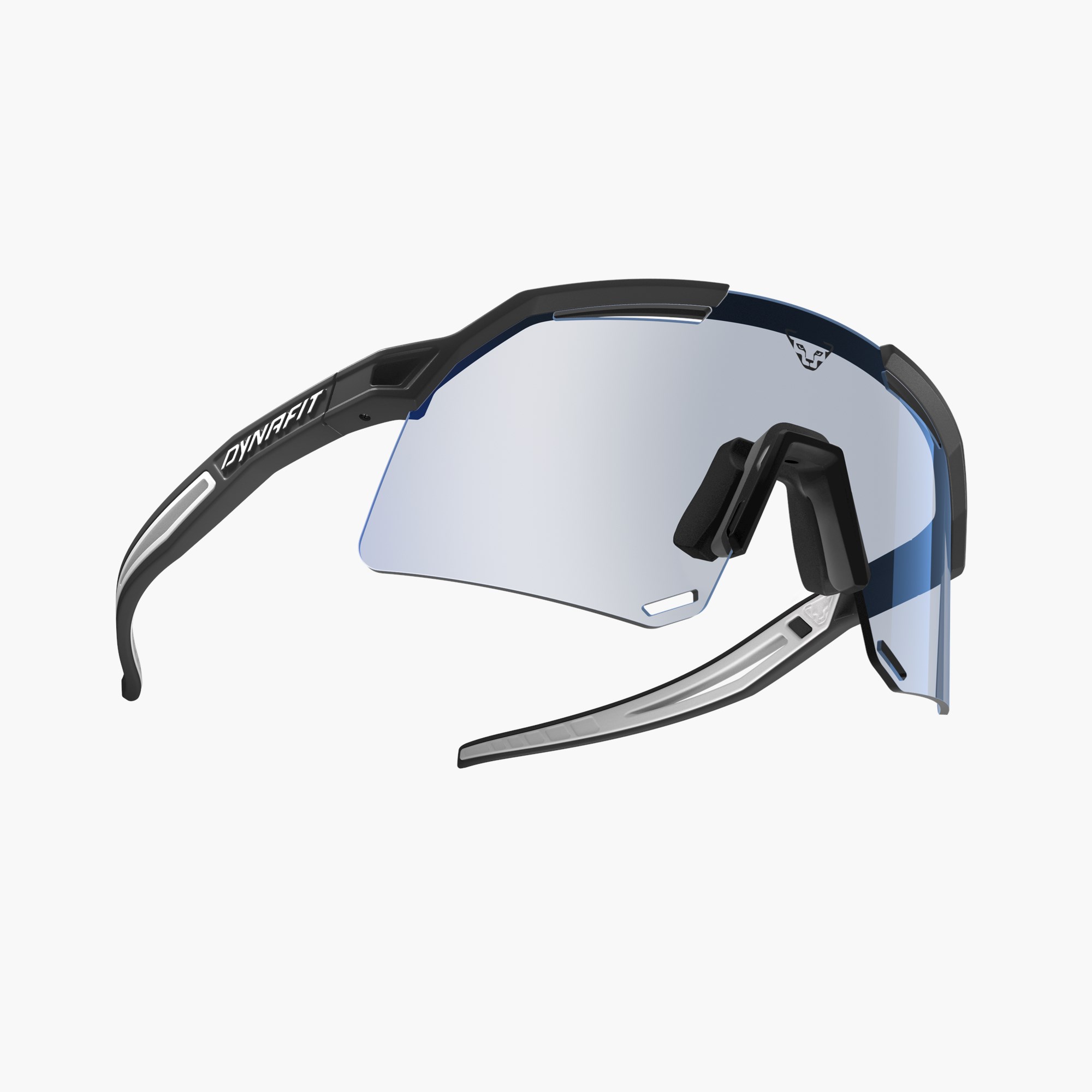 Eine Dynafit Ultra Pro Sonnenbrille mit schwarzem Rahmen und farblosen Gläsern, seitliche Ansicht.