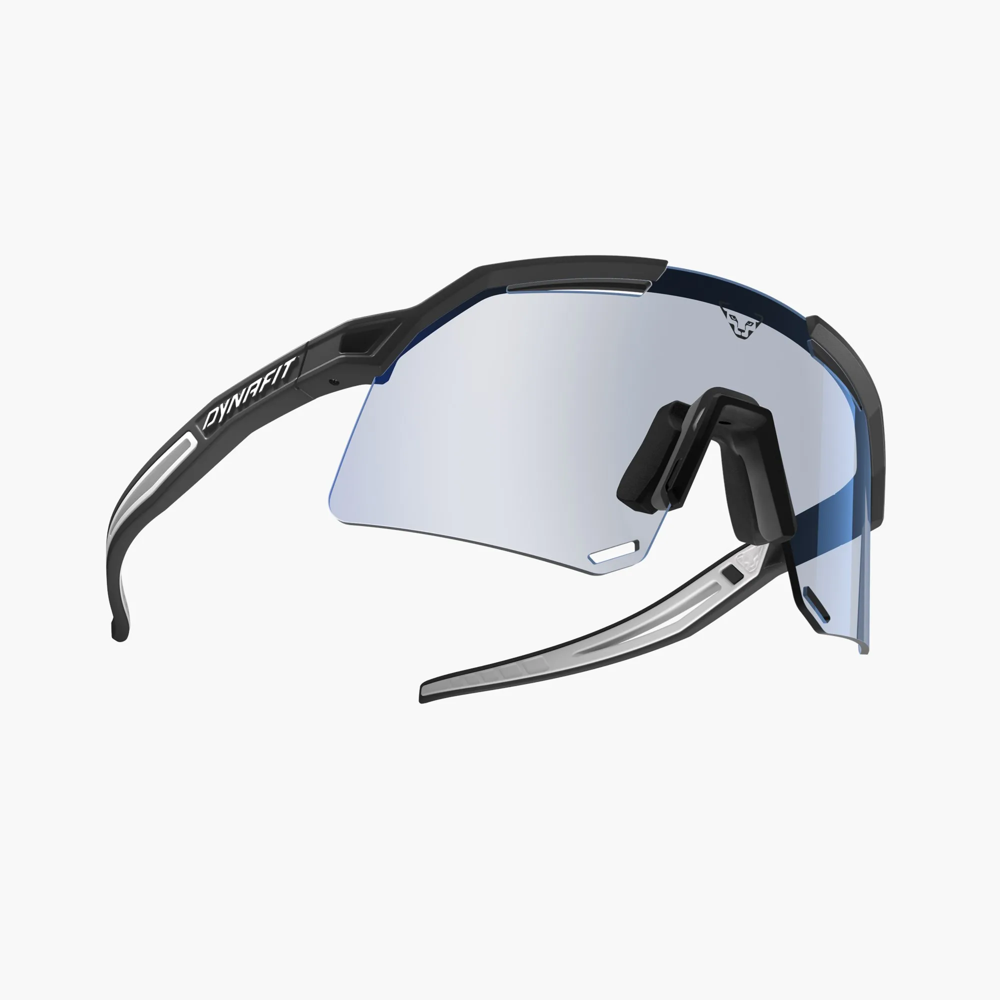 Occhiali da sole Dynafit Ultra Pro con montatura nera e lenti chiare, vista laterale.