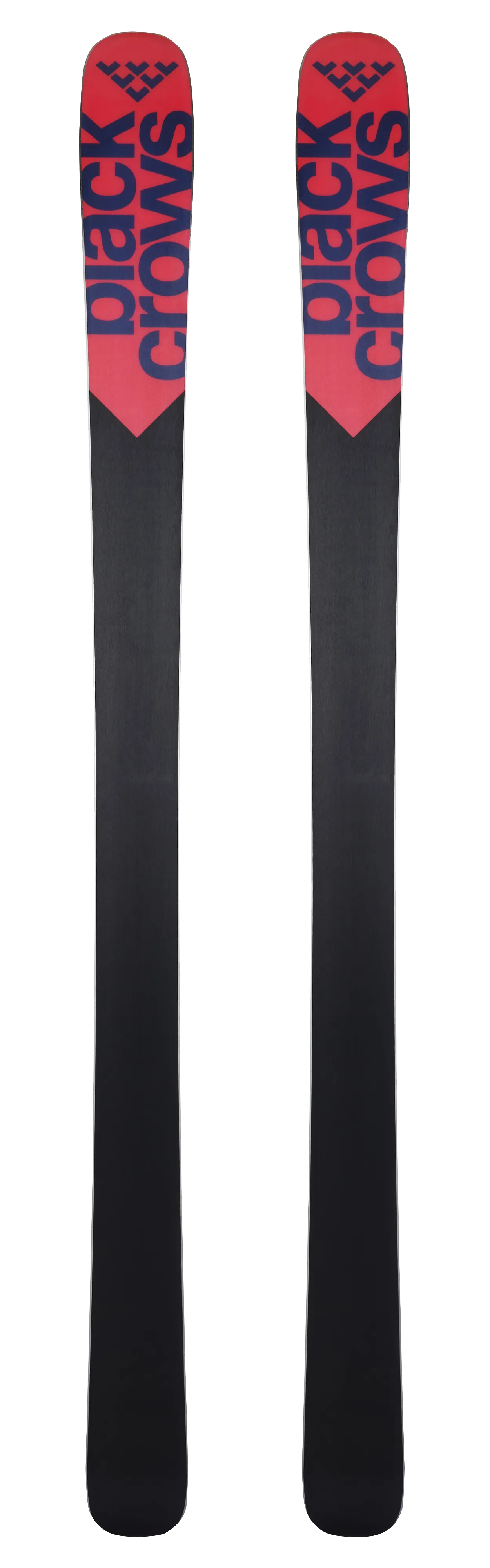 Deux skis Camox Black Crows, design rouge et noir, inscriptions bleues, les extrémités des skis pointent vers le haut.