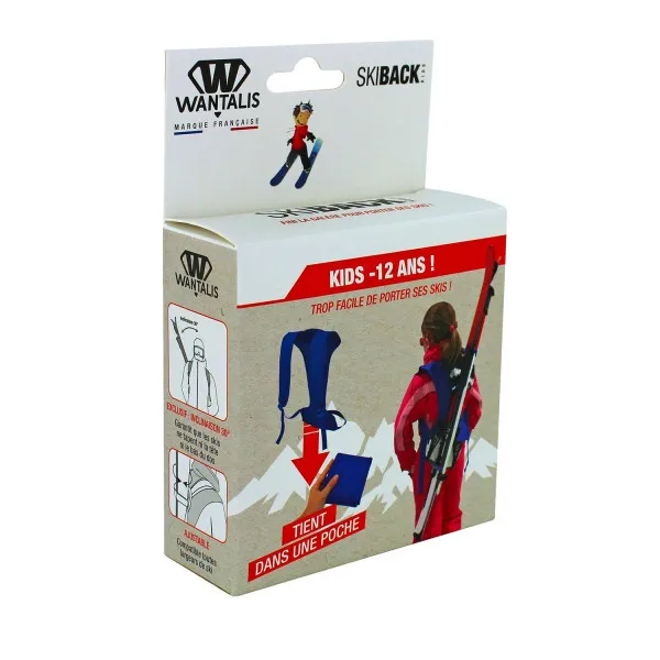 Emballage du Skiback Kids Blue : enfant avec skis sur le dos, sangles bleues et main qui tient le sac.