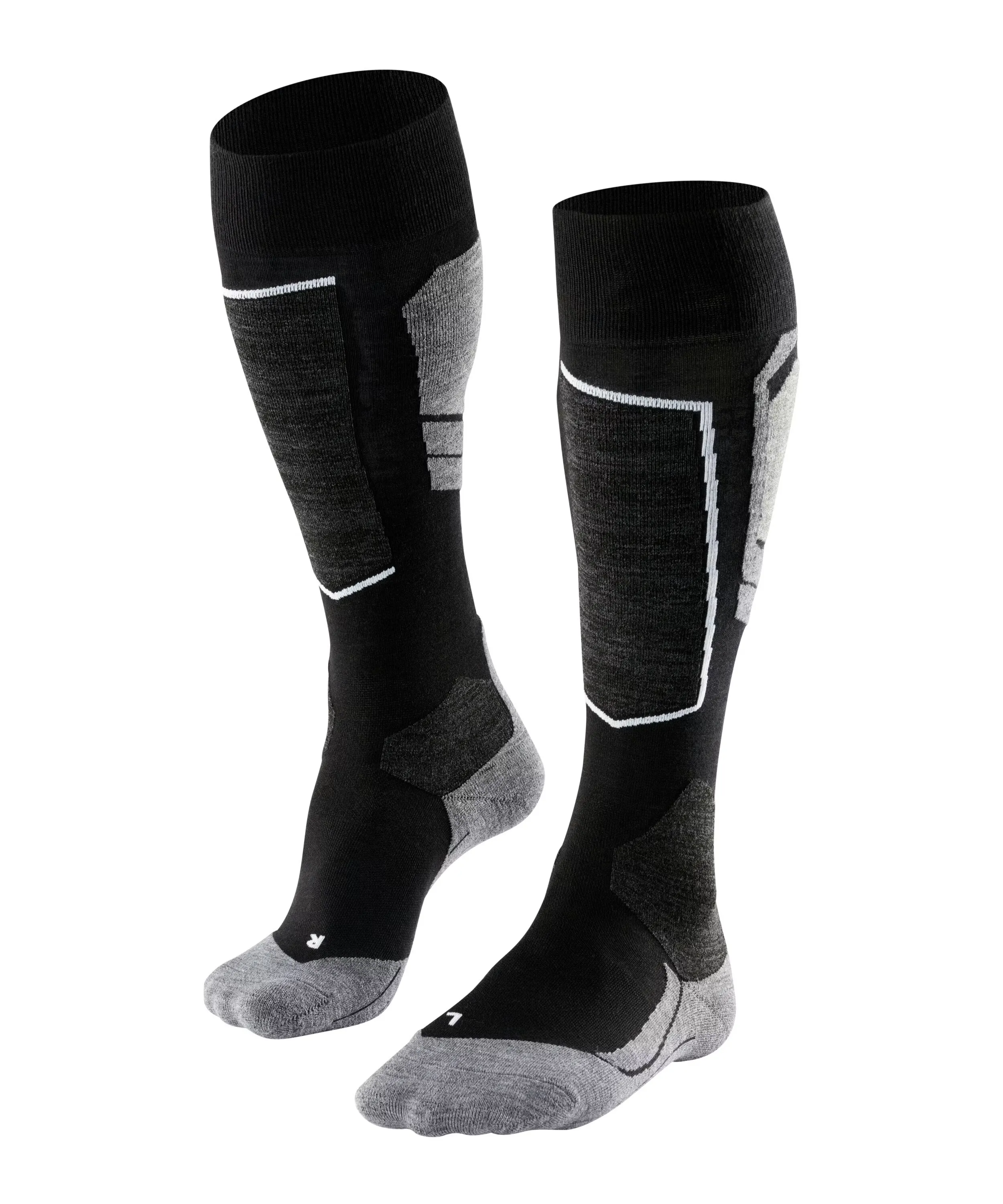 Black knee-high performance socks with grey reinforced zones on the shins and calves for cushioning. Heel and toe areas are also grey, anatomical fit, with 'R' and 'L' for right/left on the toes.