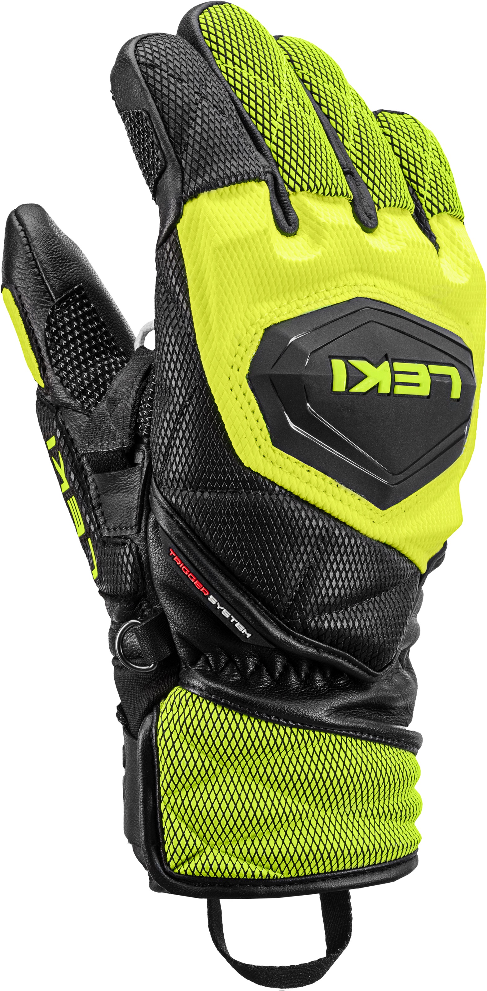 Detailansicht des Leki WCR Venom 3D Junior Rennhandschuhs in Schwarz und Gelb, Fokus auf Handfläche und Leki-Logo.