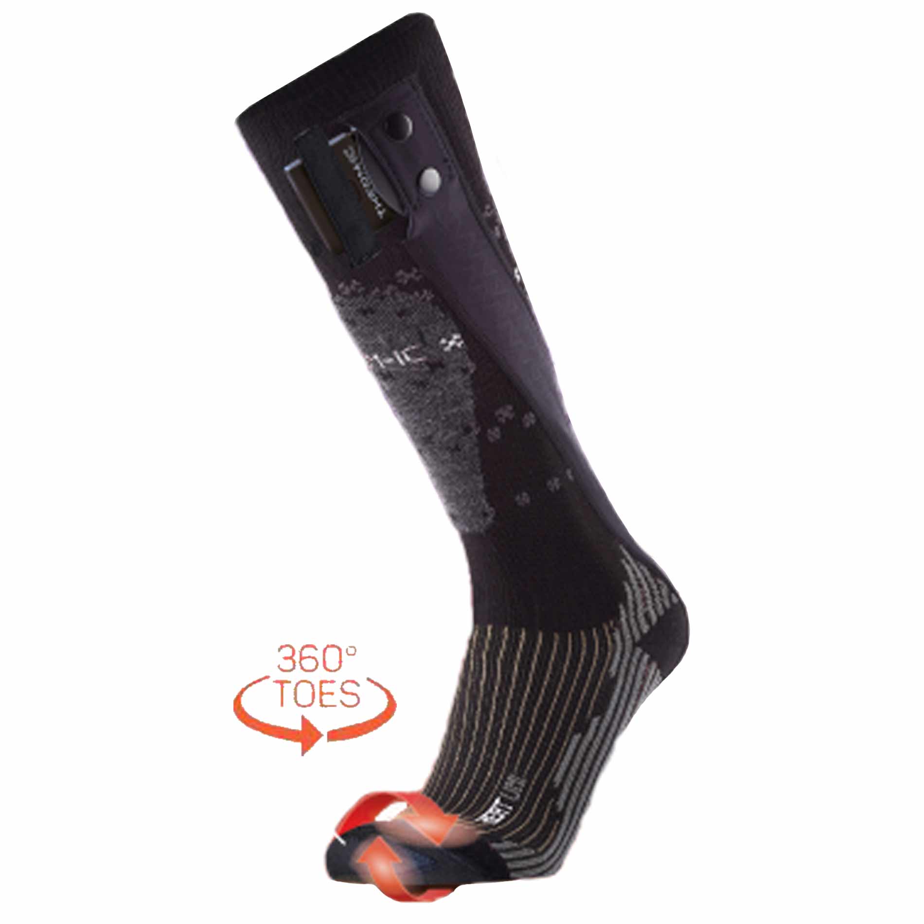 Eine Therm-ic Powersock Heat Fusion Uni in Schwarz, mit Heizelementen an den Zehen. Details und Verstärkungen erkennbar.