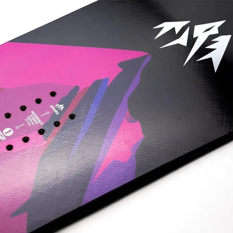Vue détaillée du snowboard Jones Airheart 2.0 avec un design graphique abstrait rose et violet.