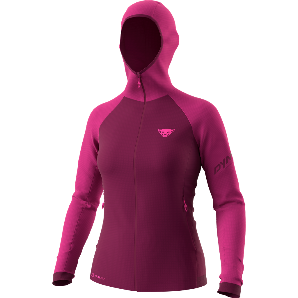 Flamingo farbene Damen Kapuzenjacke aus Polartec® Fleece mit durchgehendem Reißverschluss und Kapuze.