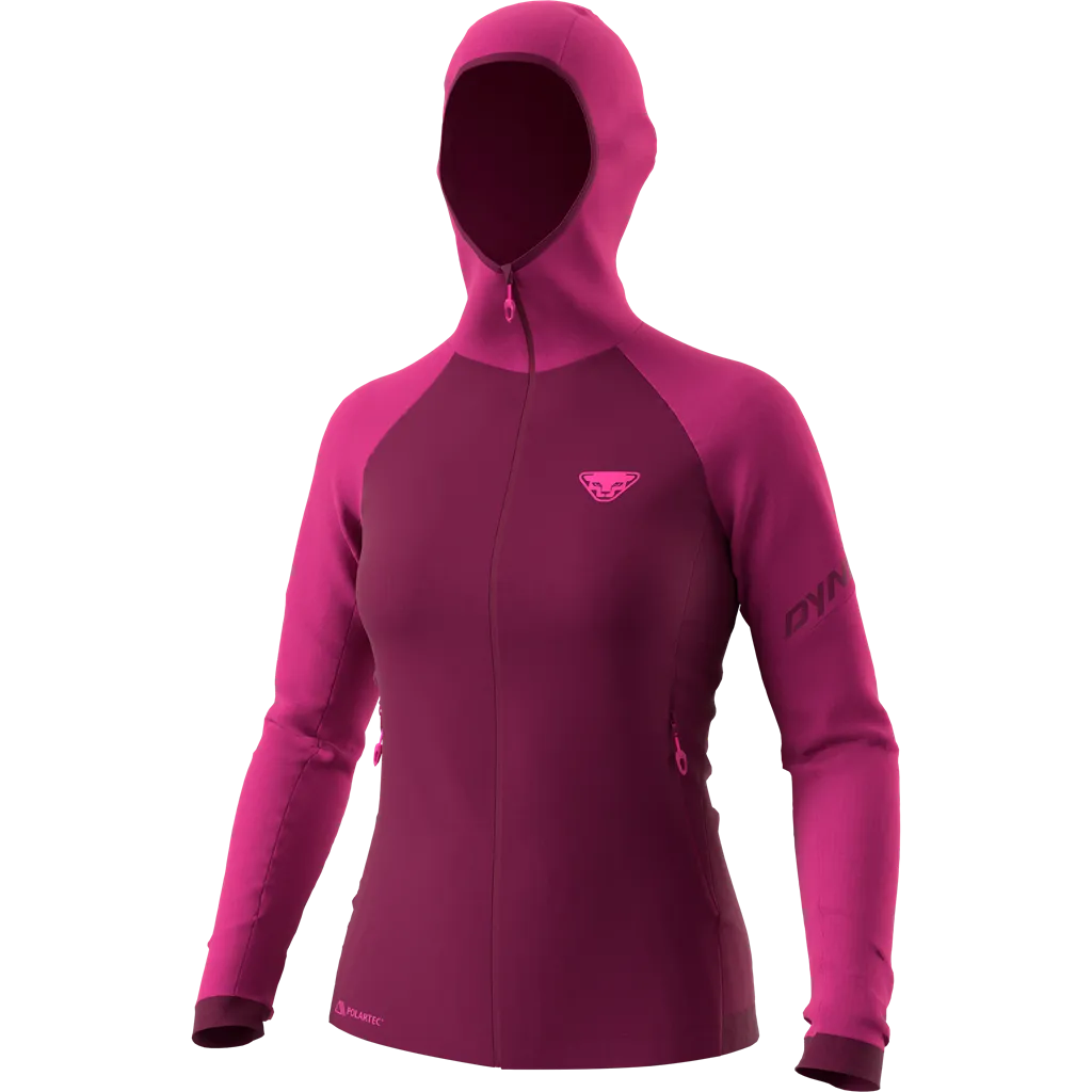 Flamingo-colored women's hooded jacket made of Polartec® fleece with full-length zipper and hood.