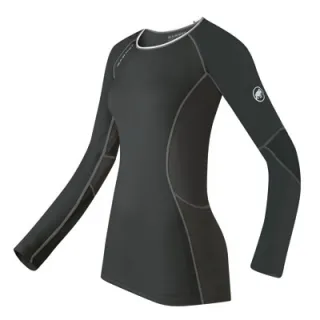 Schwarzes, langärmliges Damen-Funktionsshirt mit grau abgesetzten Nähten und Mammut-Logo am Ärmel.