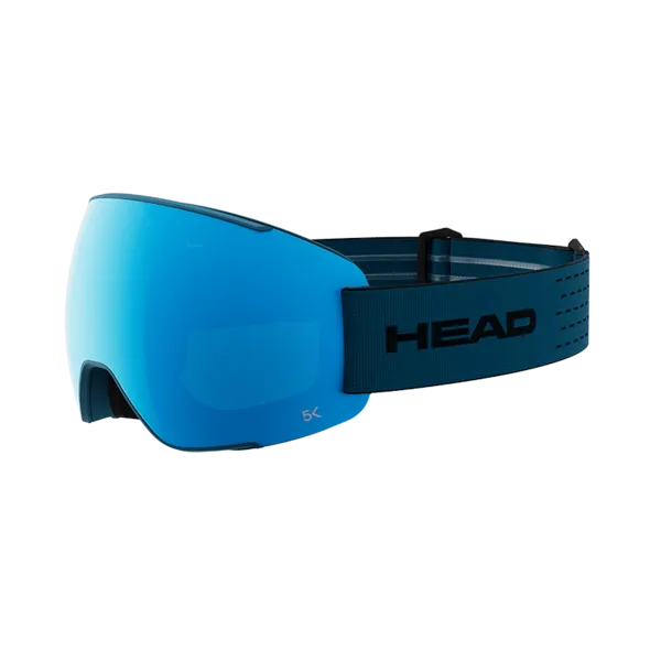 Blue MAGNIFY 5K ski goggles with petrol-colored strap and "HEAD" logo.