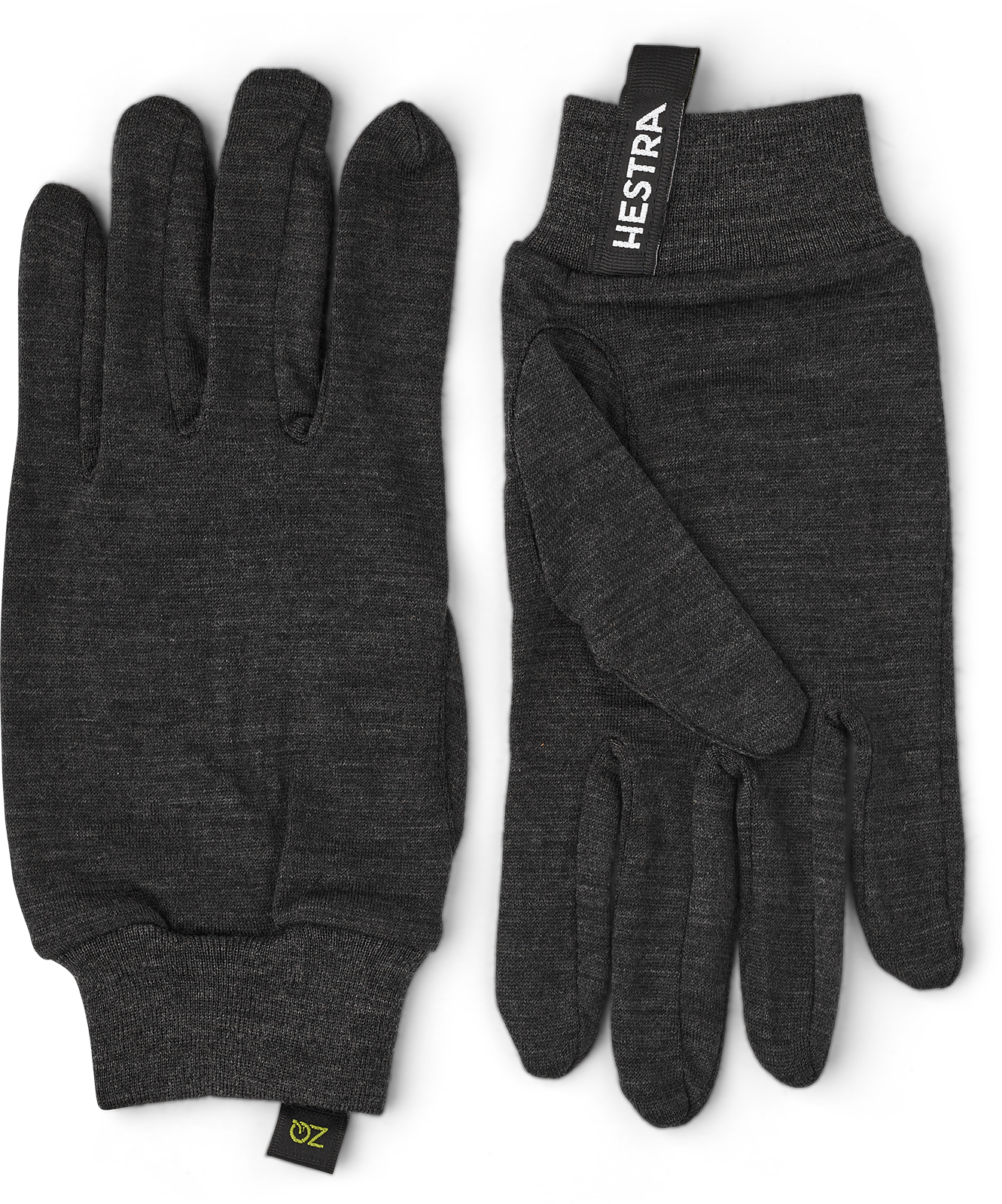 Graue Merino Handschuhe Graue Merino Wool Liner Active Innenhandschuhe von Hestra, flach liegend mit Markenkennzeichnung.