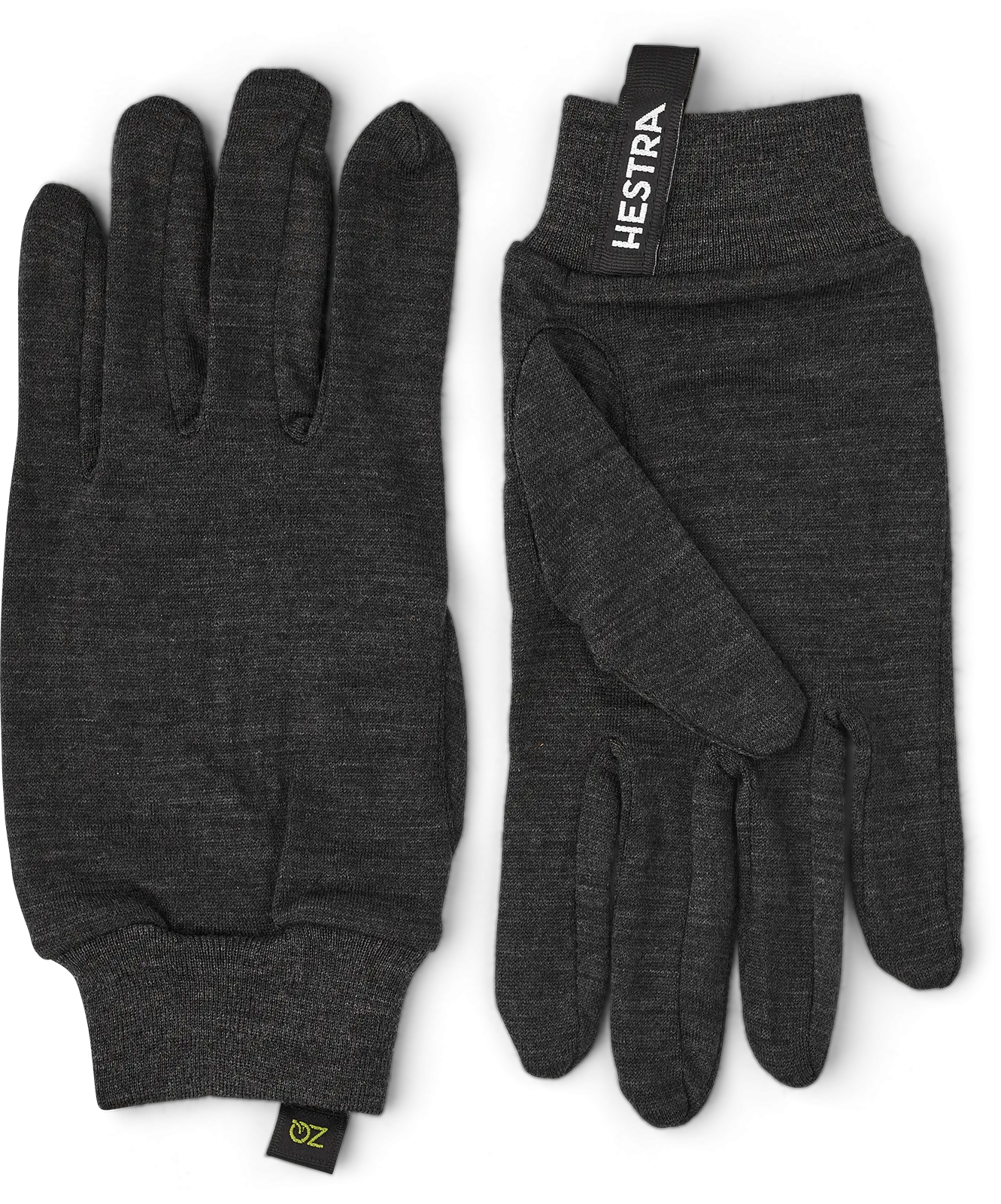 Graue Merino Wool Liner Active Innenhandschuhe von Hestra, flach liegend mit Markenkennzeichnung.