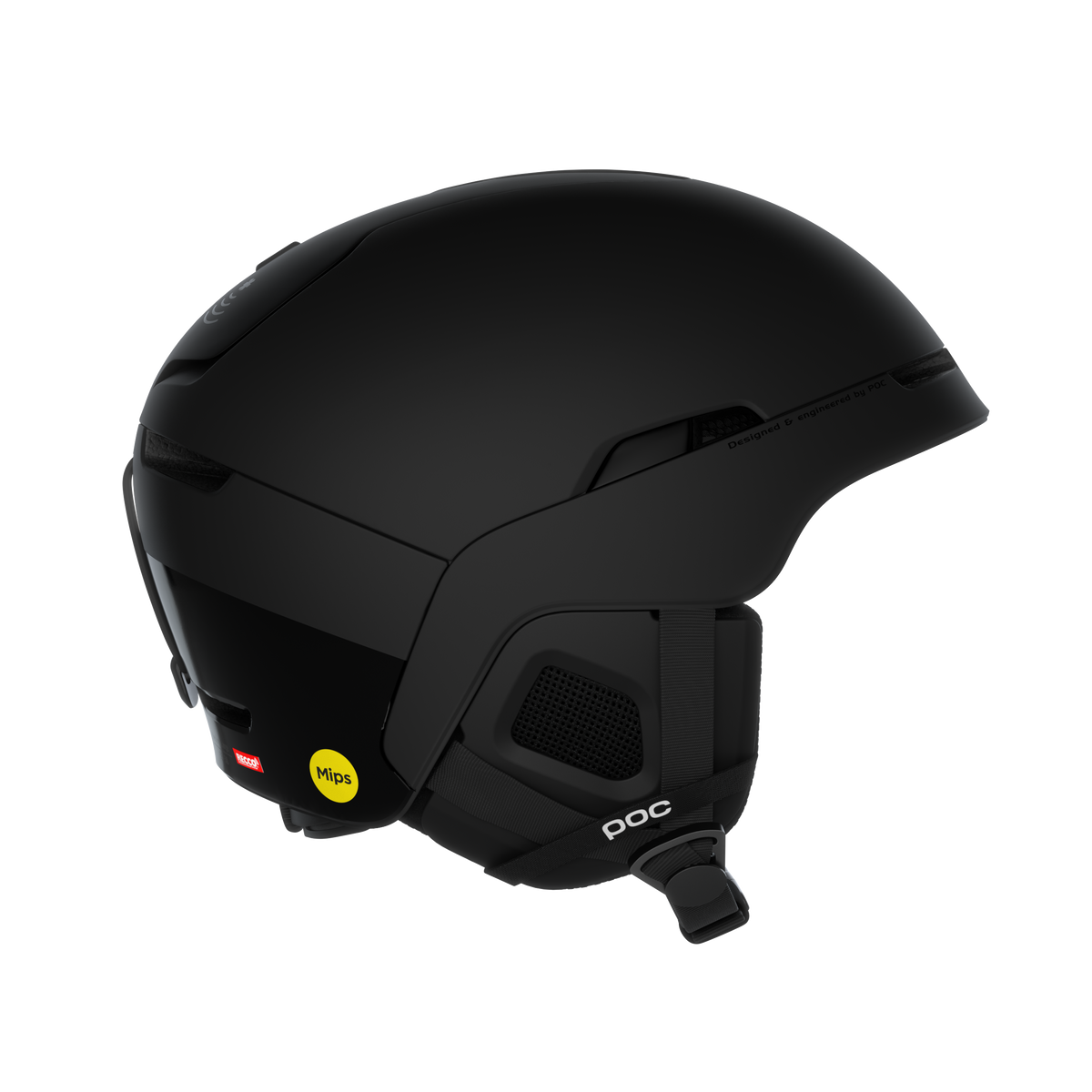 Schwarzer Skihelm "Poc Obex BC Mips" von der Seite, mit Mips Aufkleber und Belüftungsdetails, vor einem weißen Hintergrund.