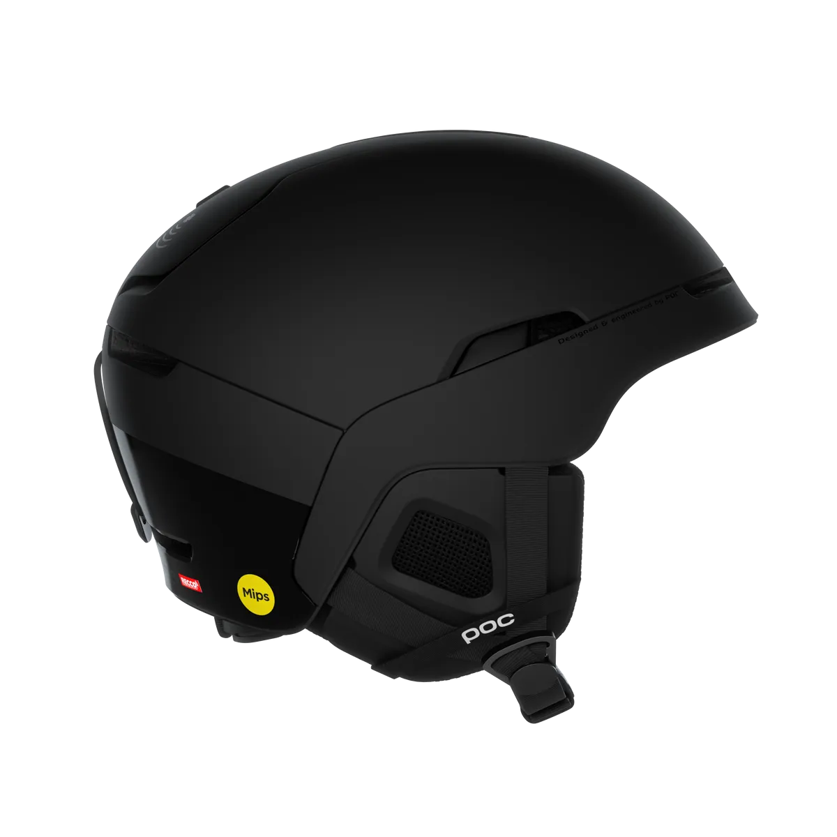 Casque de ski noir "Poc Obex BC Mips" vu de côté, avec autocollant Mips et détails d'aération, sur un fond blanc.