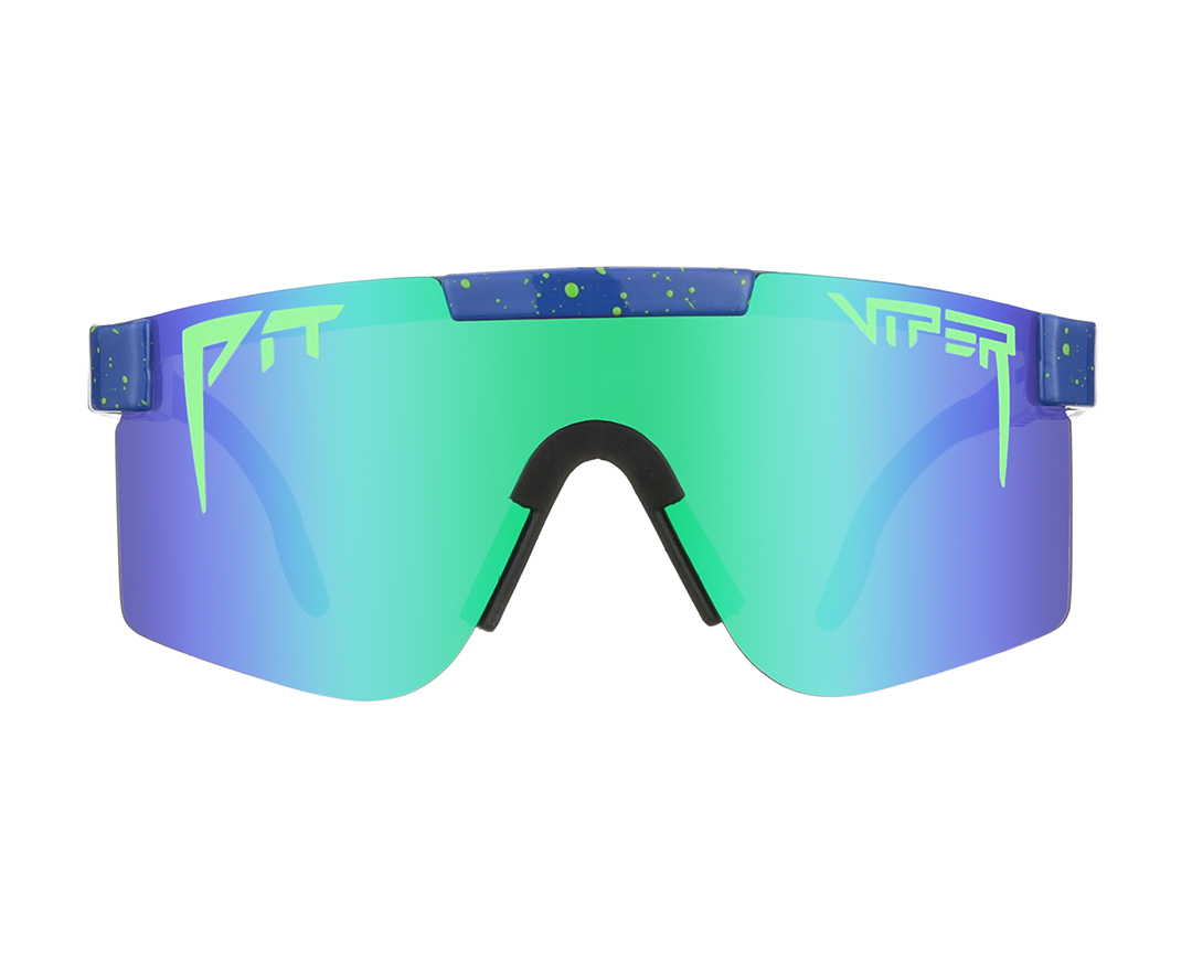 Lunettes de soleil polarisées bleues avec verres miroités bleu-vert, vue de face. Accents vert fluo.