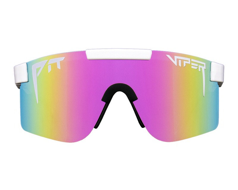 Die Miami Nights Pit Viper Sonnenbrille mit weißem Rahmen und regenbogenfarbenen Gläsern.