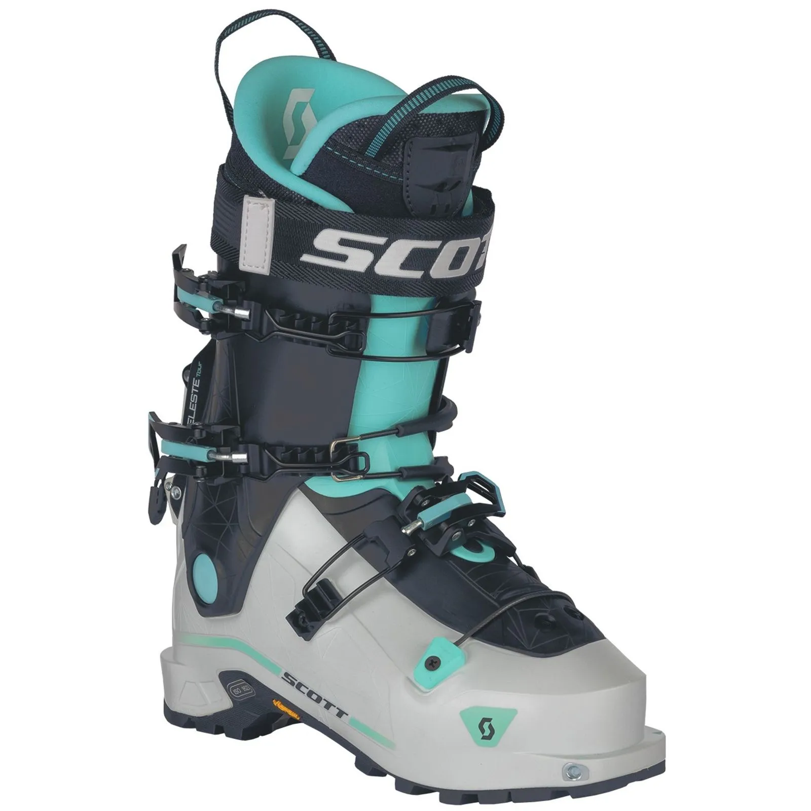 Scott Celeste Tour ski boot, side view, white-black-turquoise, with buckles and Scott logo.
