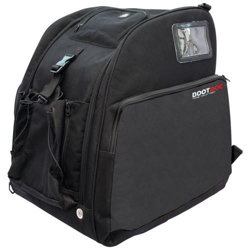 Schwarze Bootdoc Heiztasche Racing, geeignet als Rucksack, mit Fächern und Sichtfenster.