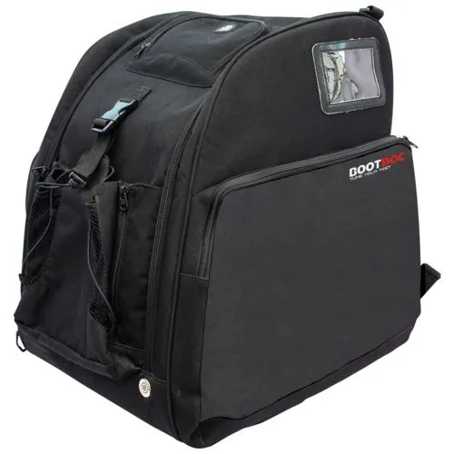 Schwarze Bootdoc Heiztasche Racing, geeignet als Rucksack, mit Fächern und Sichtfenster.