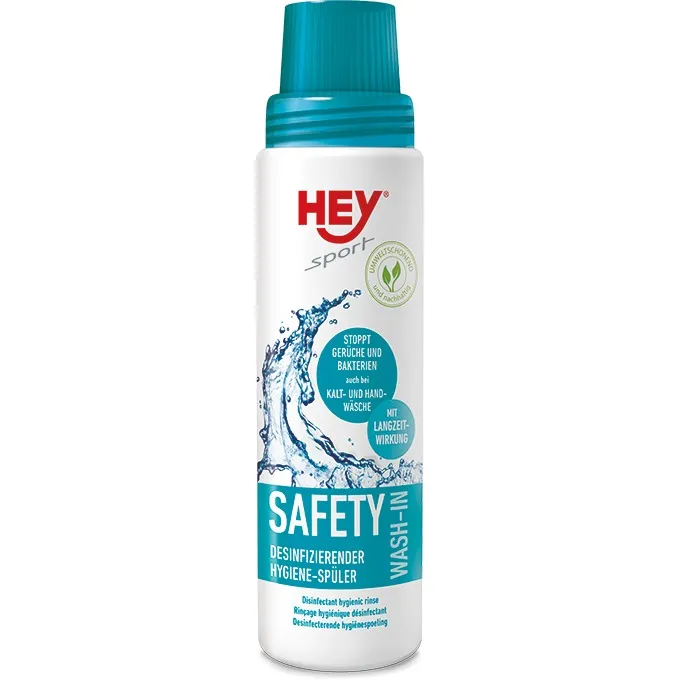 Flasche Safety Wash-In für Sportkleidung, weiße Flasche mit blauem Deckel und Aufschrift.