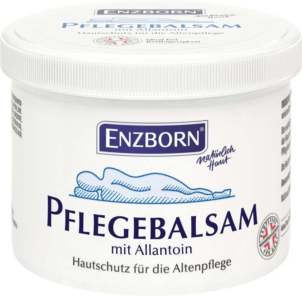 Weißer Tiegel Pflege-Balsam 500ml von ENZBORN mit blauem Schriftzug und liegender Person.