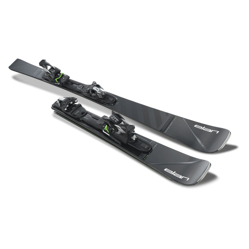 Dunkelgraue Elan Voyager Ski mit montierter Bindung auf weißem Untergrund.