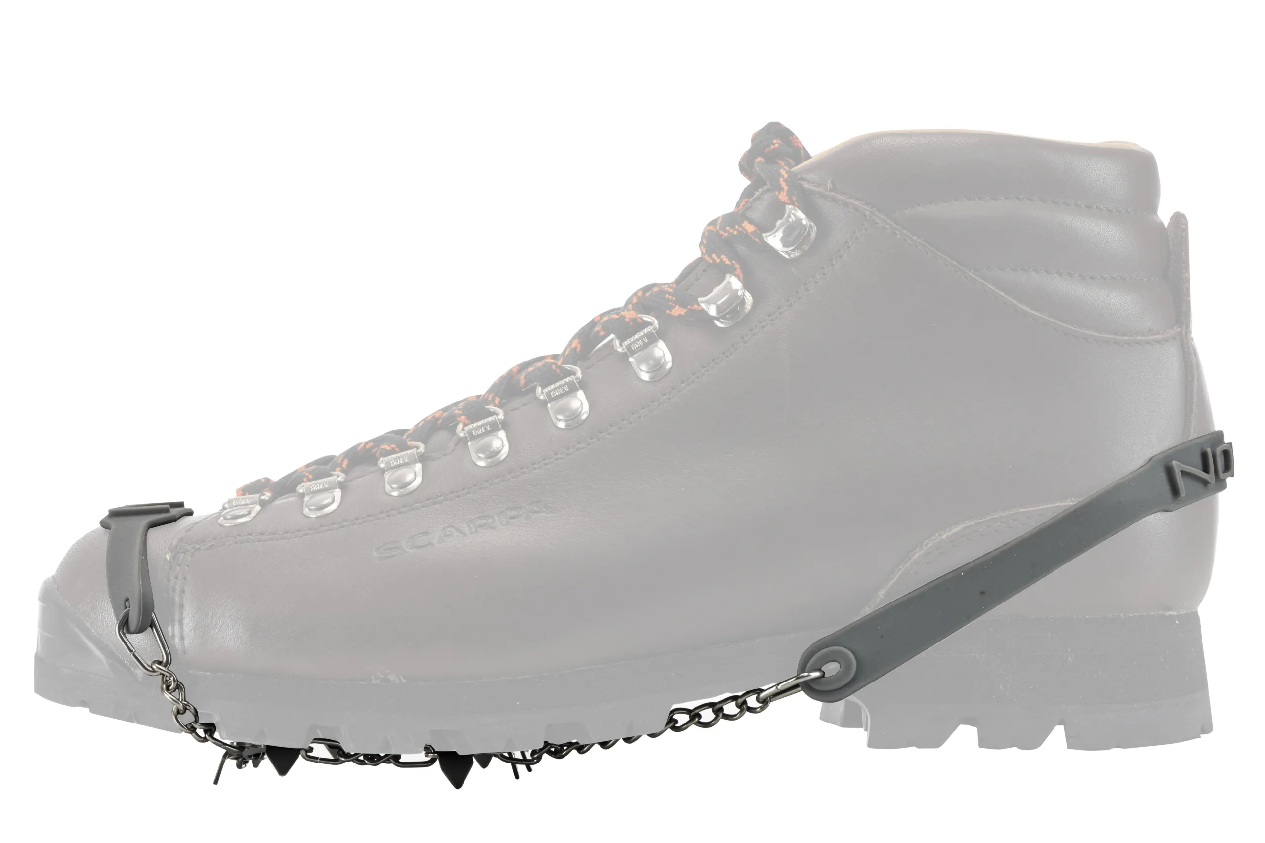 Griffe pour chaussures Nortec Easy fixée à la chaussure de randonnée. 8 pointes en acier sous la semelle de la chaussure pour un maintien sûr. Système de fixation Quick Fit.