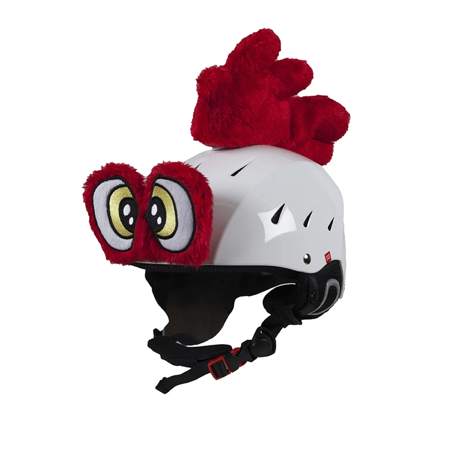 Skihelm mit rotem Hahnenkamm und aufgesetzten, großen Augen. Die Augen sind rot umrandet.