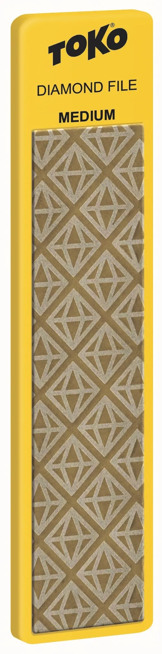 Toko Diamond File Medium in gelber Verpackung mit sich wiederholendem Rautenmuster auf der Schleiffläche.