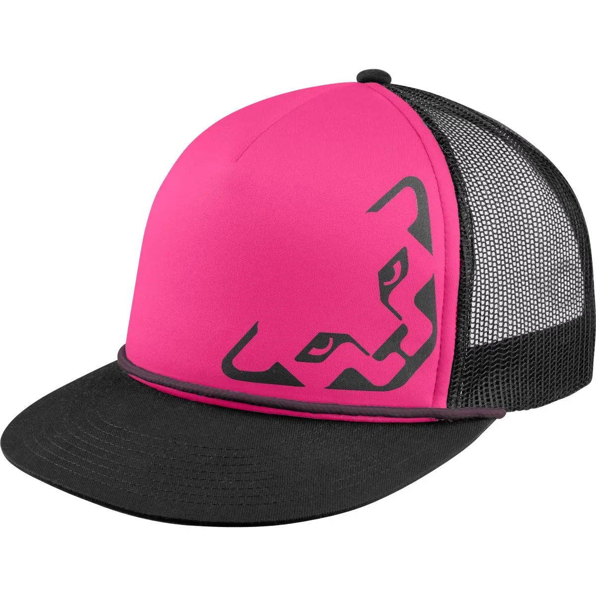 Pink Dynafit trucker cap with black peak, mesh insert and brand logo print.