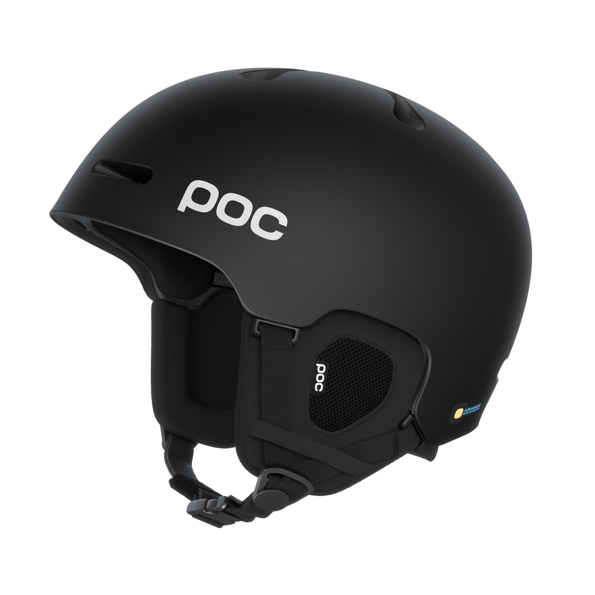 Casque de ski POC Fornix noir et mat, vue latérale avec ouvertures d'aération et jugulaire.