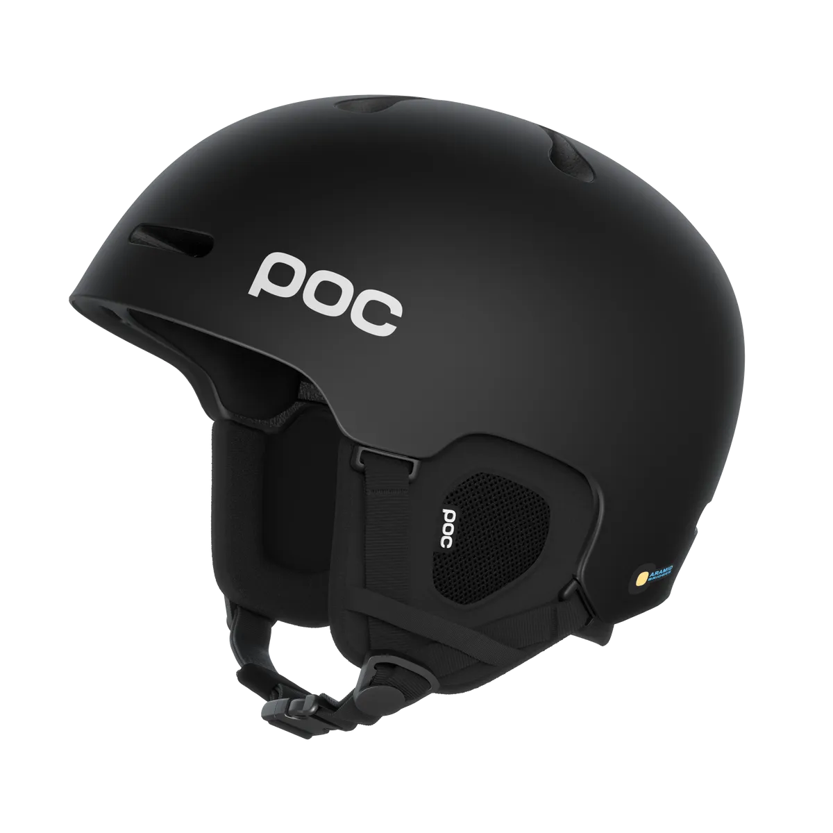 Black, matt POC Fornix ski helmet, side view with ventilation openings and chin strap.