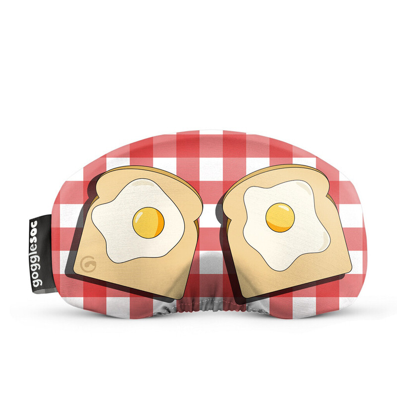 Brillen-Schutzhülle mit rotem Karomuster und zwei Toastbroten mit Spiegeleiern als Motiv.