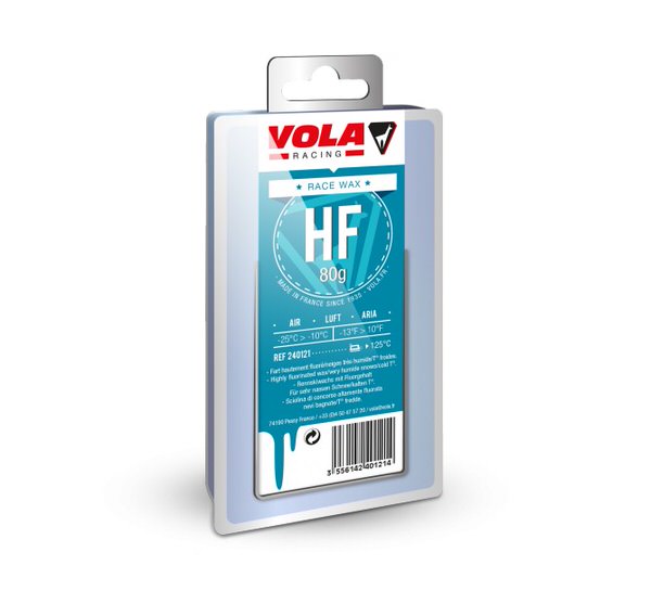 Verpackung von Vola Racing Race Bleu HF 80g Skiwachs mit Produktinformationen und Herstellerlogo.
