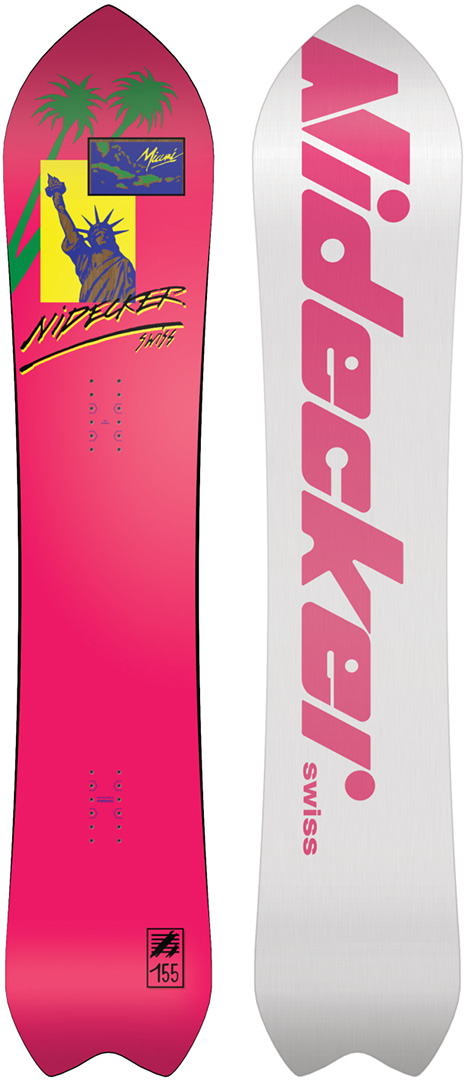 Nidecker Liberty Snowboard: Pinke Oberseite mit Freiheitsstatue und Palmen, weiße Unterseite mit pinkem Nidecker Logo.
