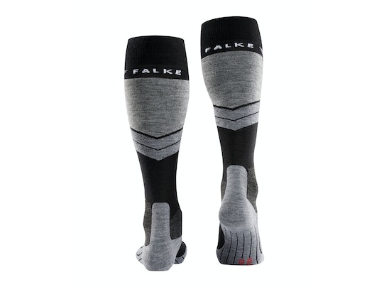 Falke SK4 Kniestrümpfe Zwei Falke SK4 Skiing Kniestrümpfe, Rückansicht, mit grauem, schwarzem Design und Falke-Logo.