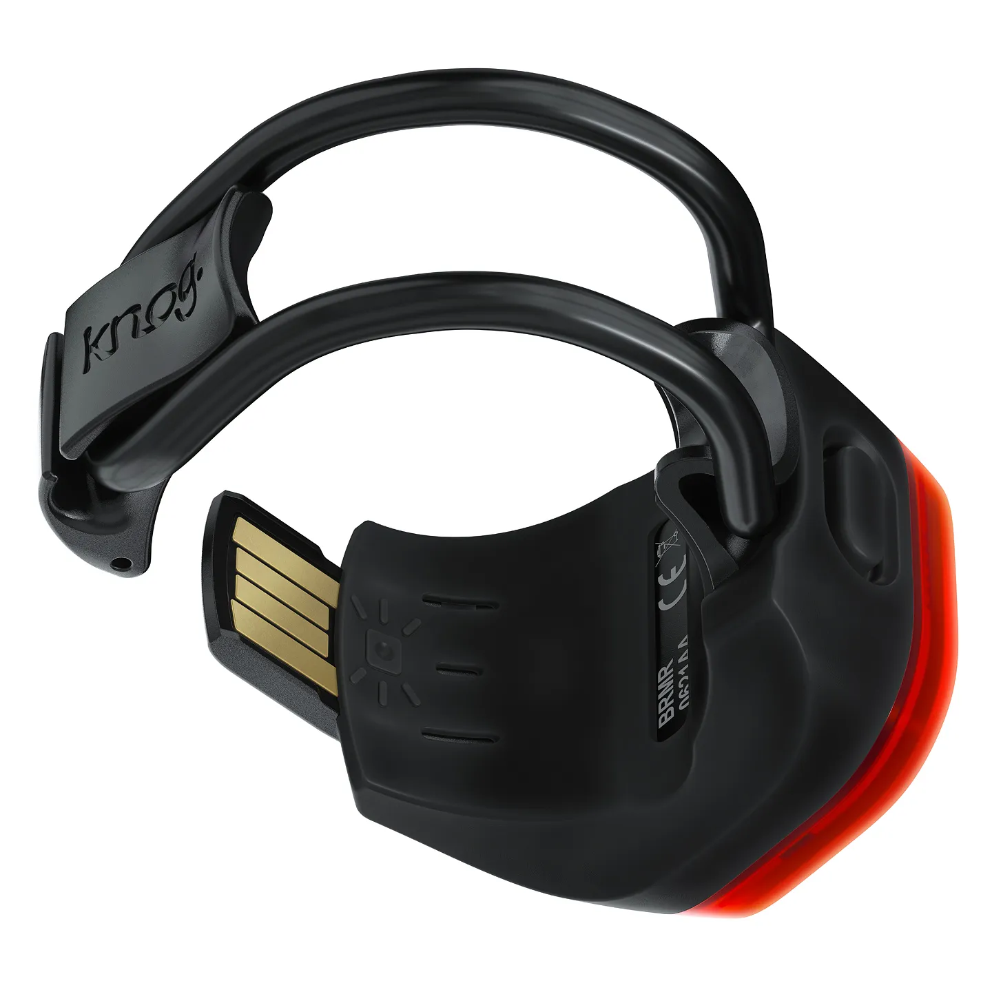 Mini feu arrière noir Skull avec bande en silicone et port USB intégré. Le feu arrière s'allume en rouge.