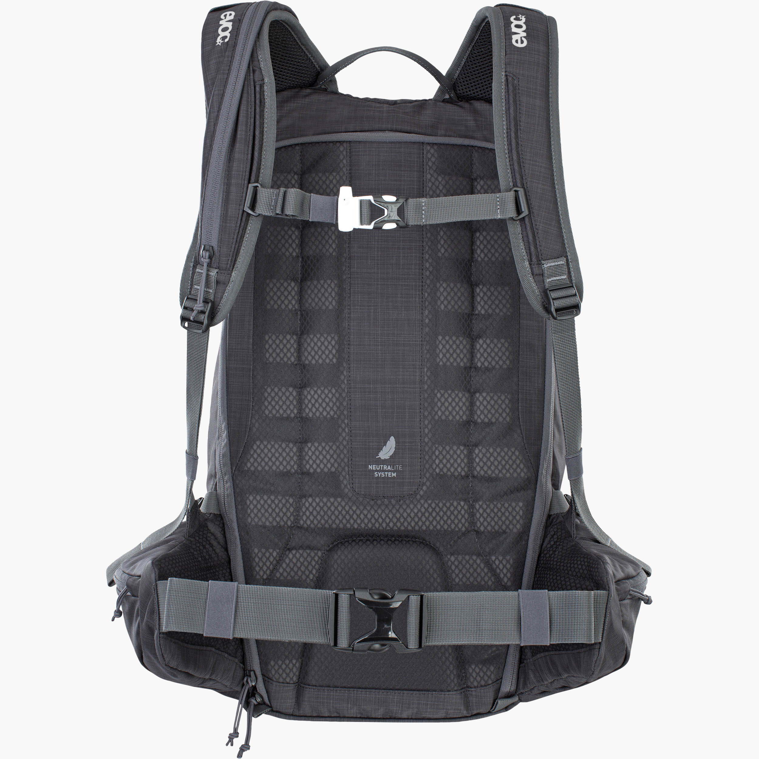 Vista posteriore dello zaino Evoc Line 20L in Carbon Grey con cinghie e fibbie.